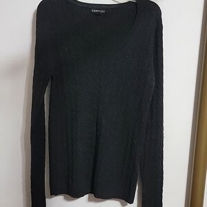 New Express 100% Cashmere Cable Knit Sweater Ribbed Hem Trim Charcoal Grey